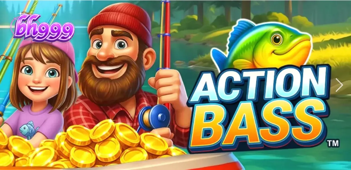 Action Bass slot game interface featuring fishing theme and serene lakeside visuals